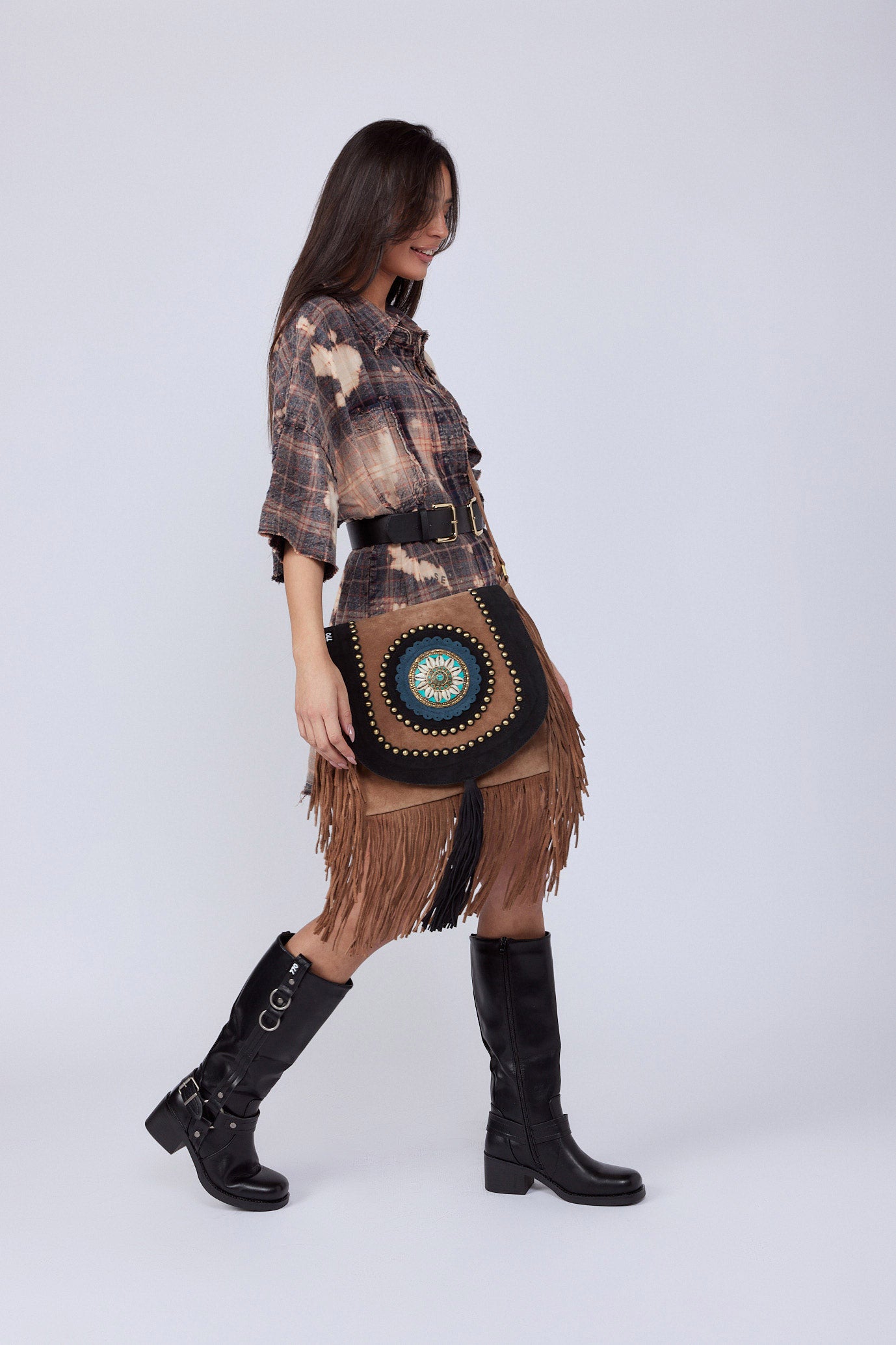 Genuine leather side bag with fringes and rivets SHELL