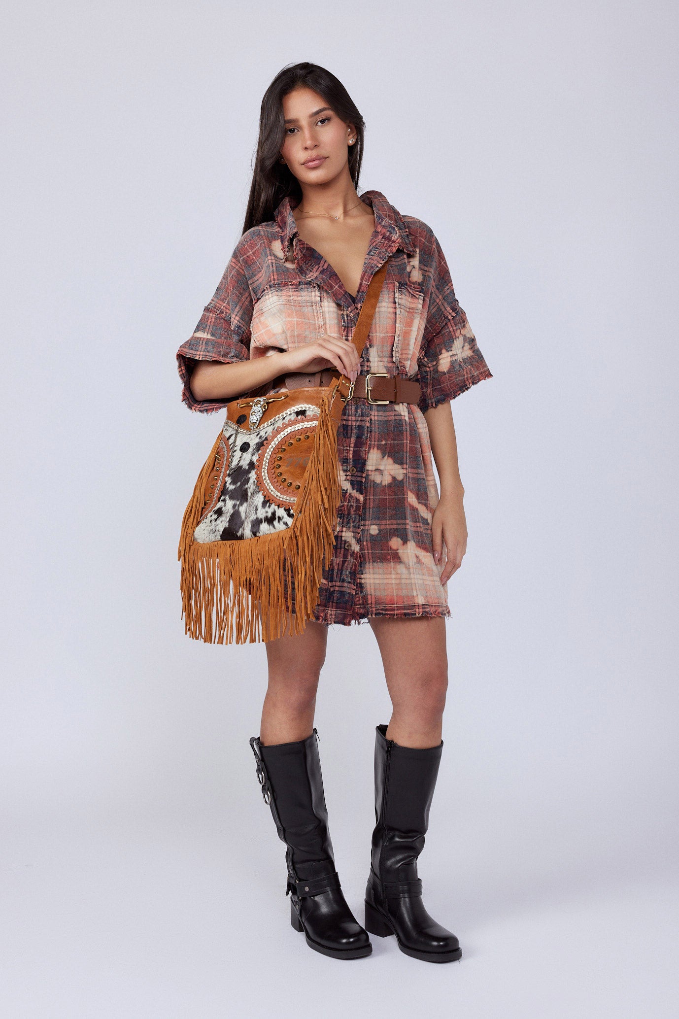 Genuine leather side bag with fringes and rivets BULL