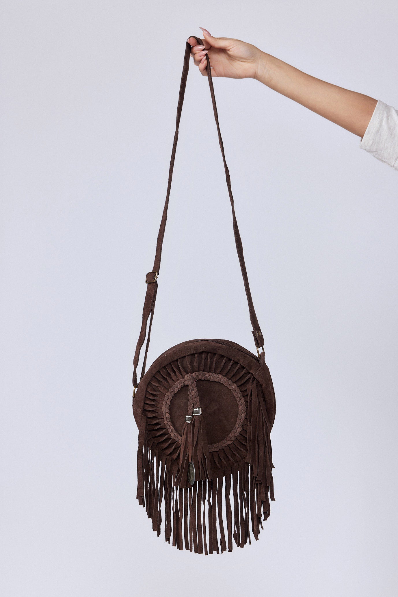 SEVEN genuine leather round side bag with fringe