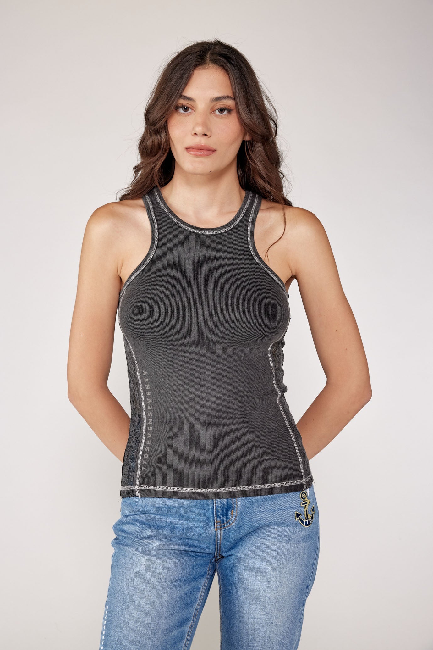 Rivet tank top with lace combination 770