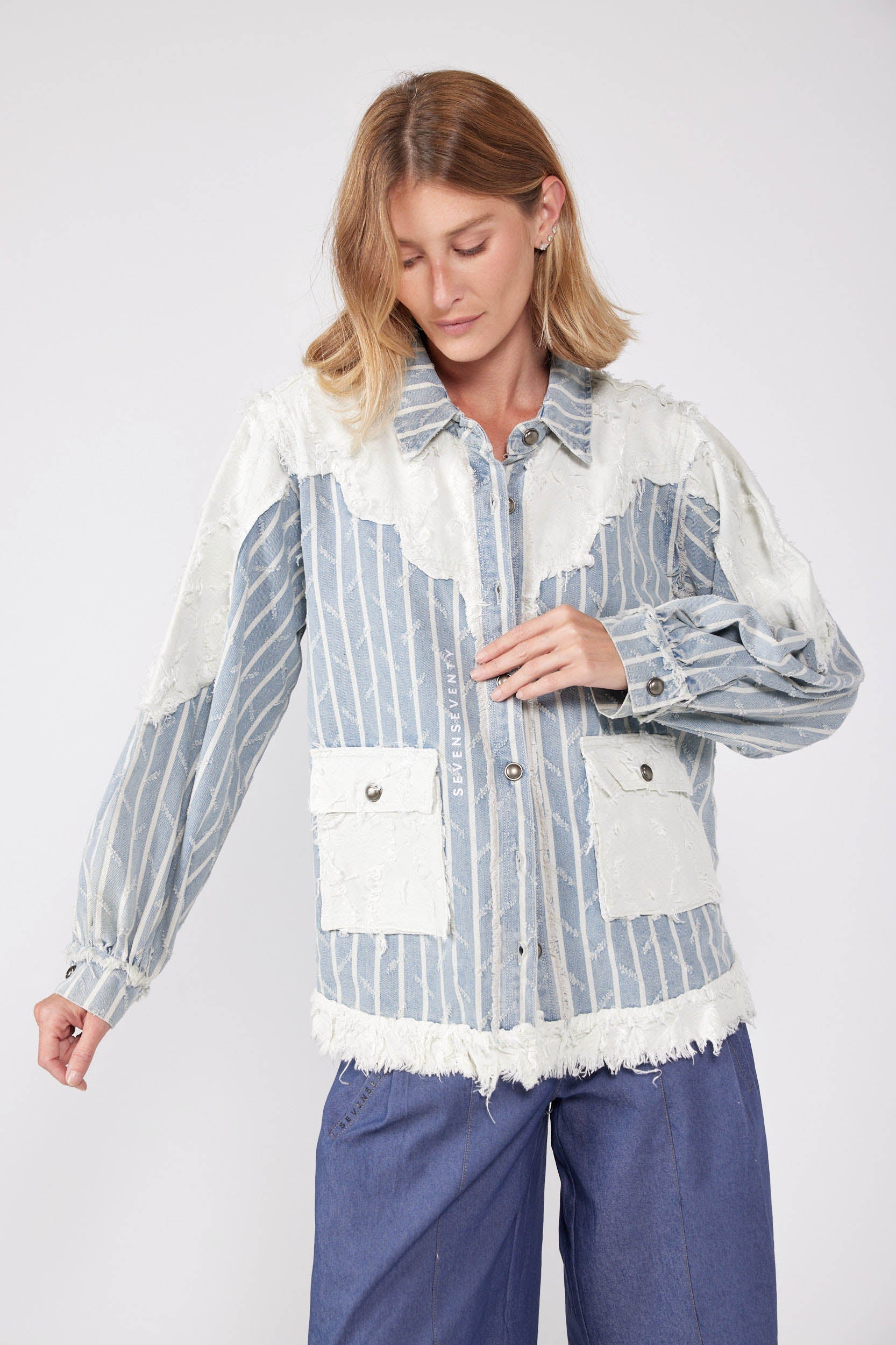 SOMETIMES combination button-down denim shirt