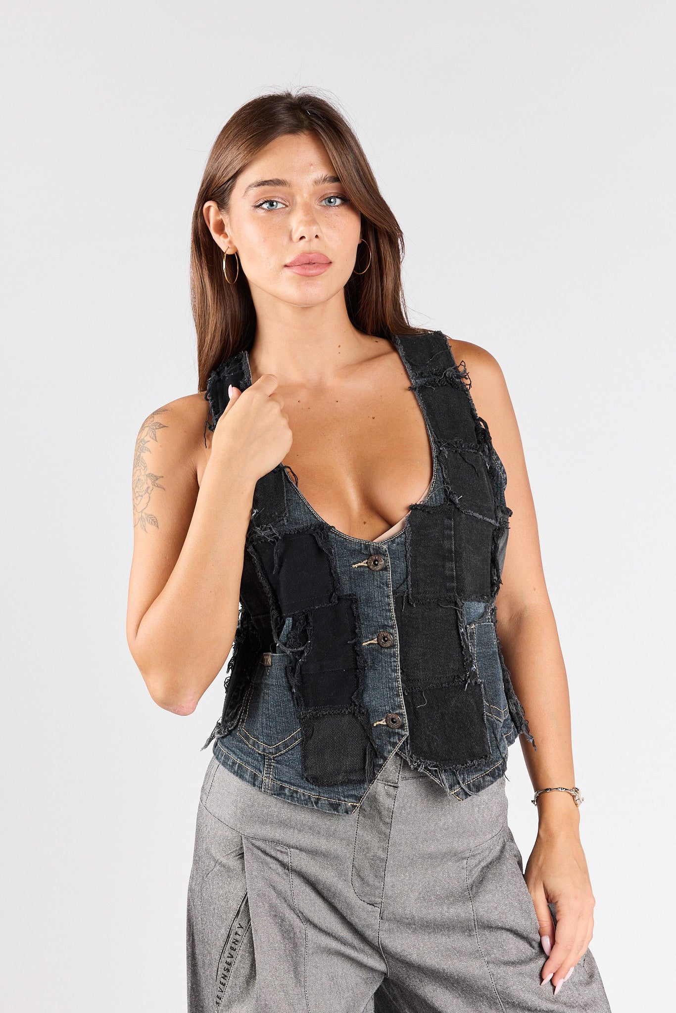 DENIM patchwork denim vest