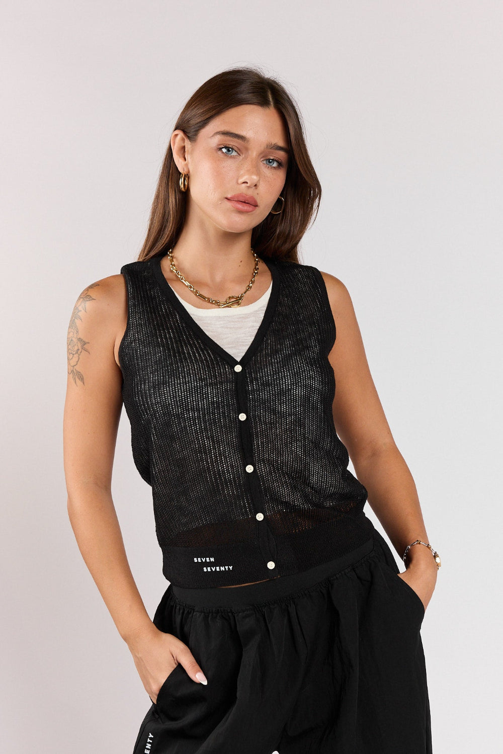 SEVEN button-down thin knit layered tank top