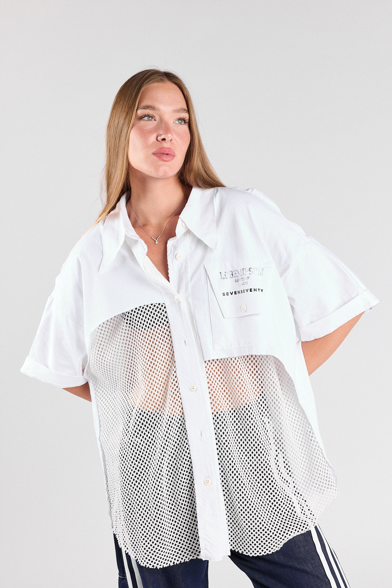 Mesh combination button-down shirt 770