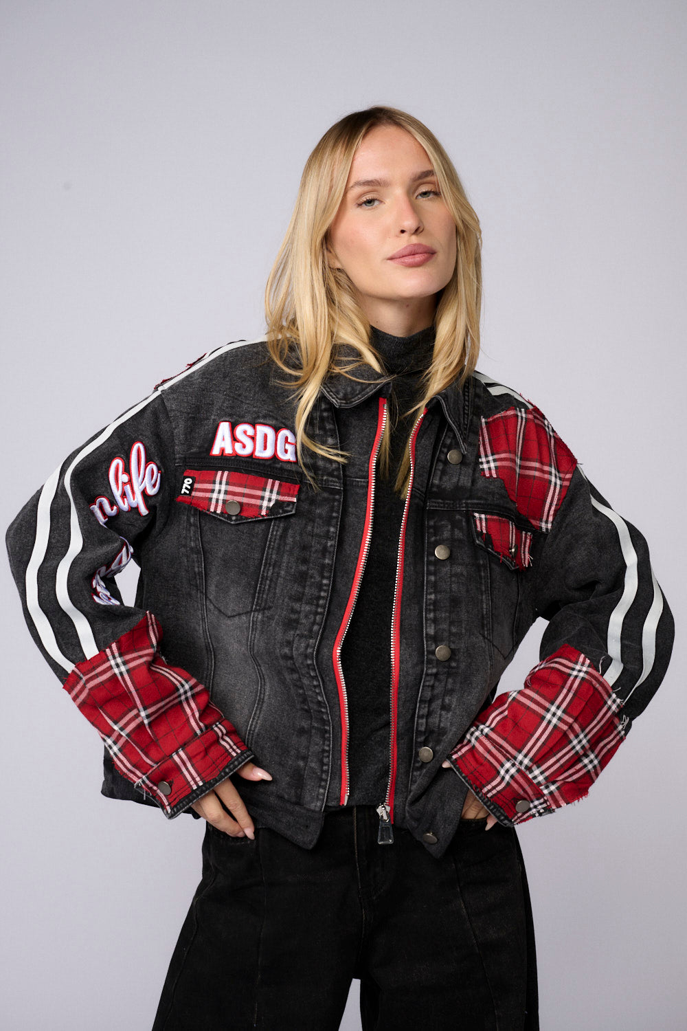 ג'קט ג'ינס ספורטיבי שילוב משובץ