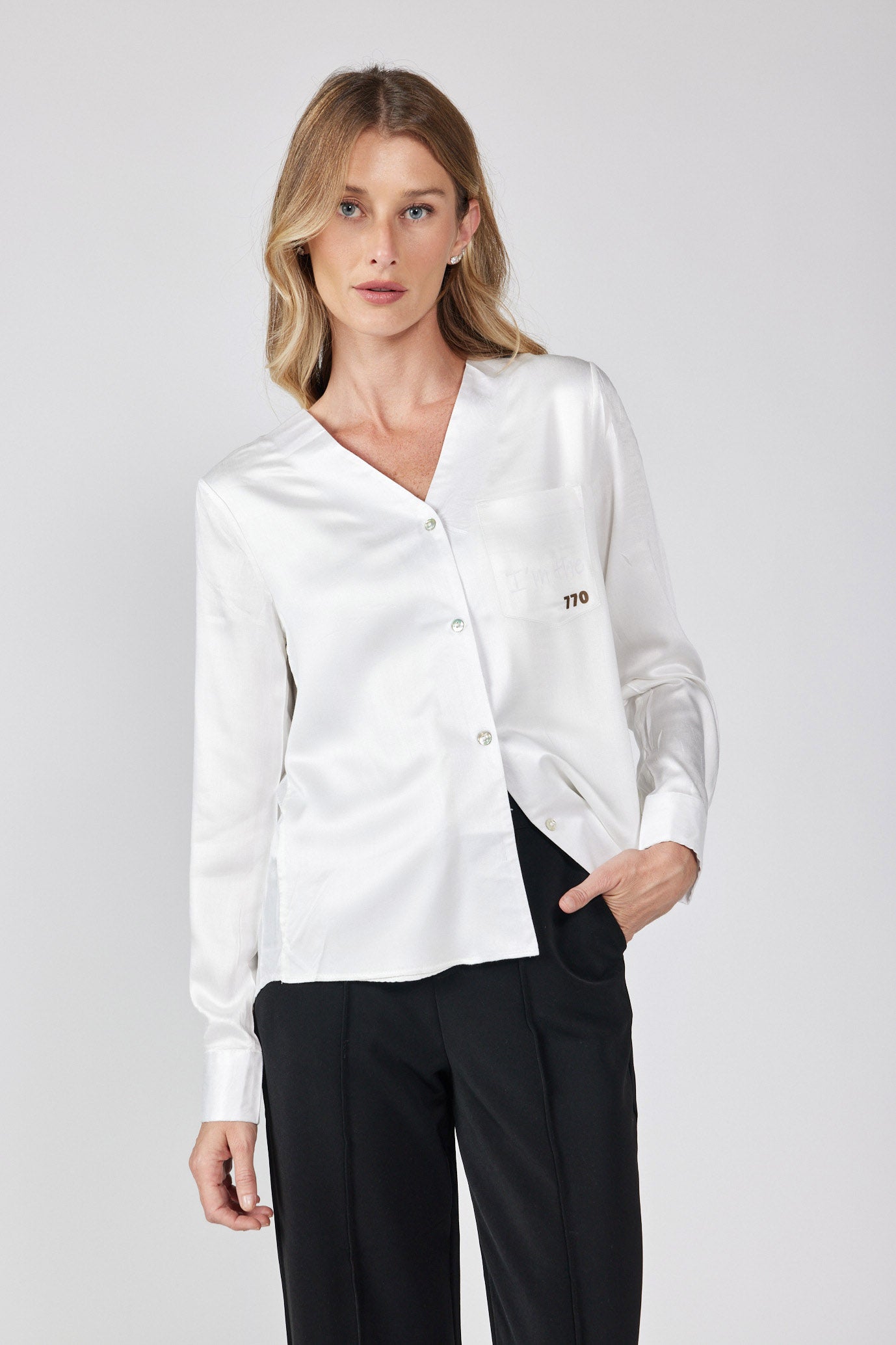 I AM button-down satin shirt