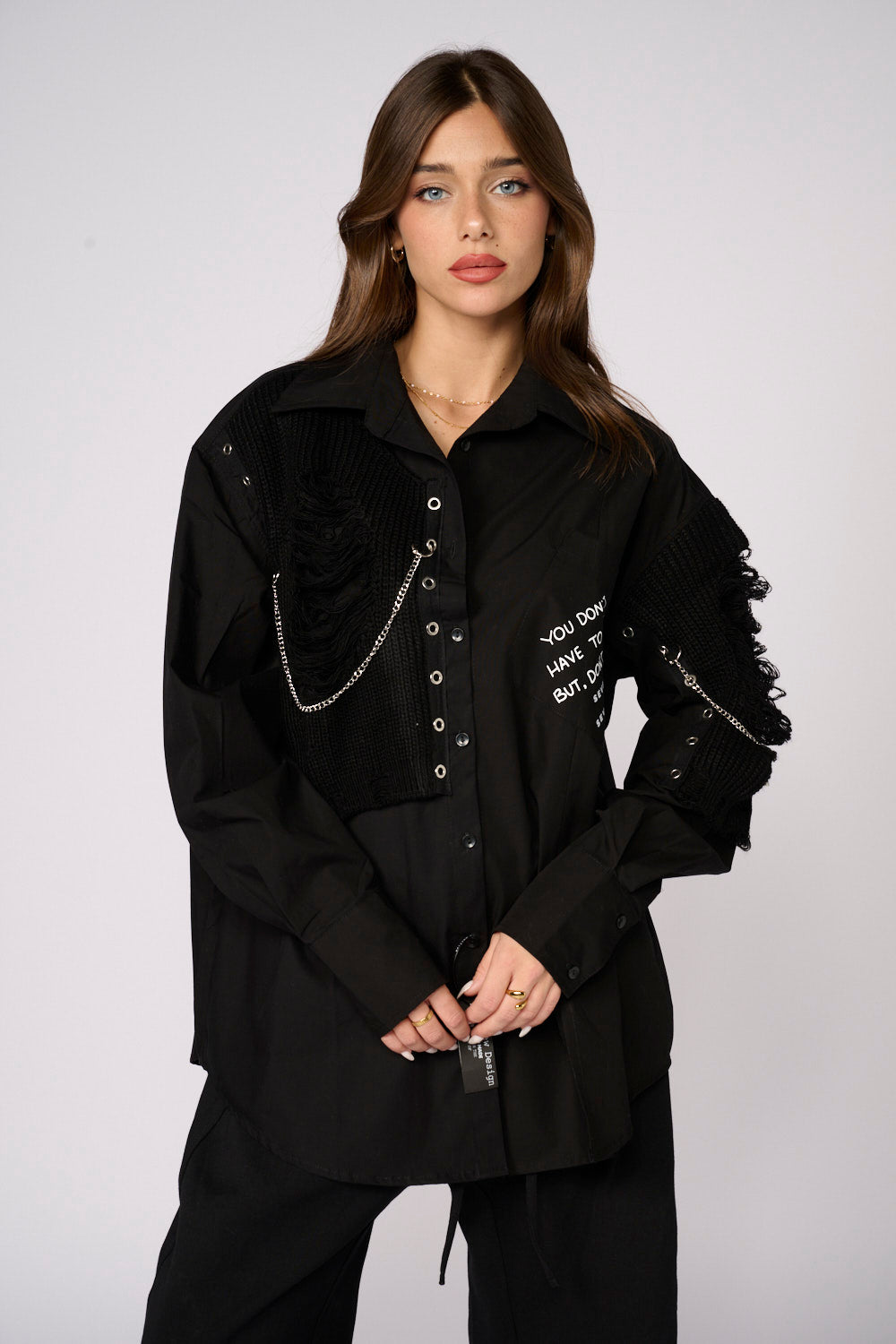 Button-down shirt with knit and chain combination STOP