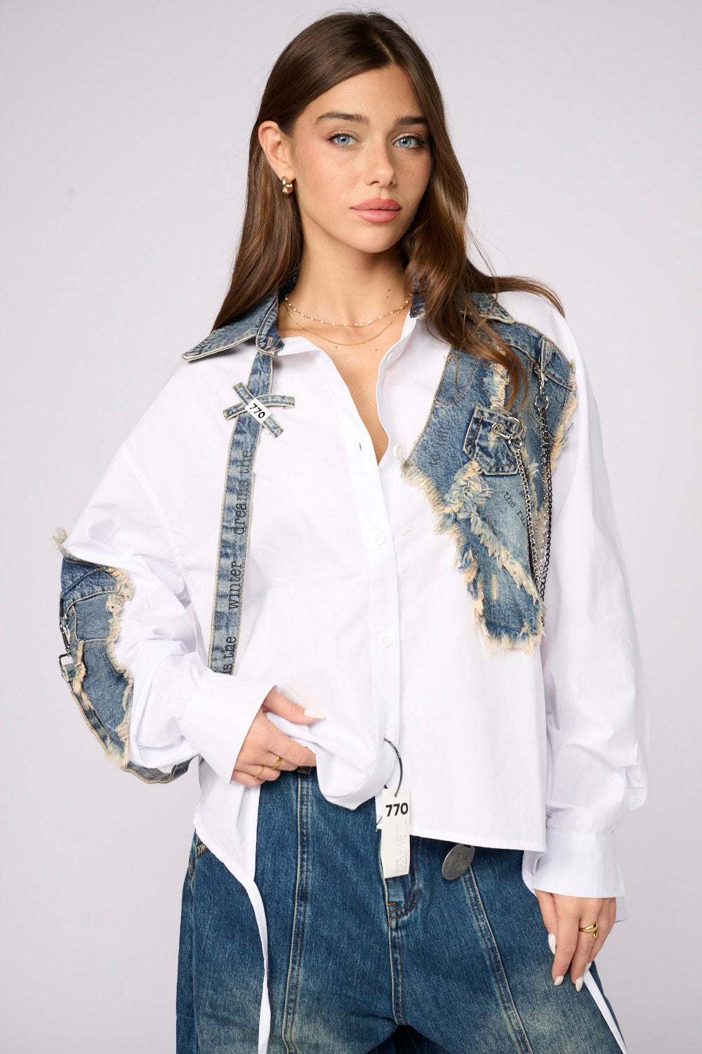 Button-down shirt with jeans and DREAM necklaces
