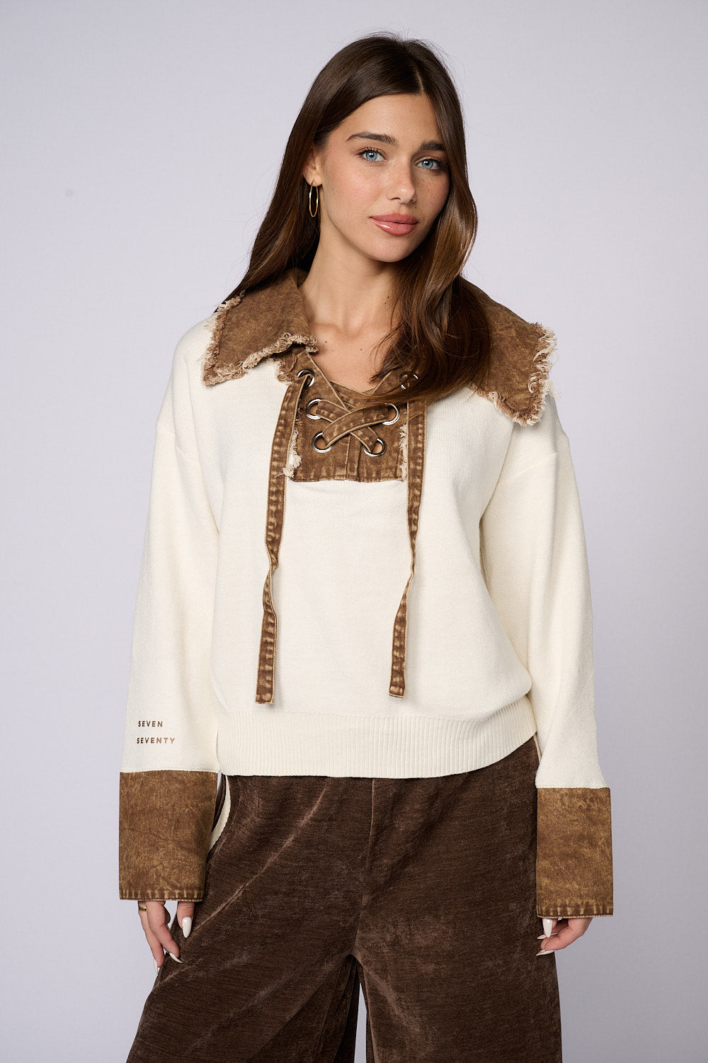 חולצת סריג שילוב ג'ינס שרוך