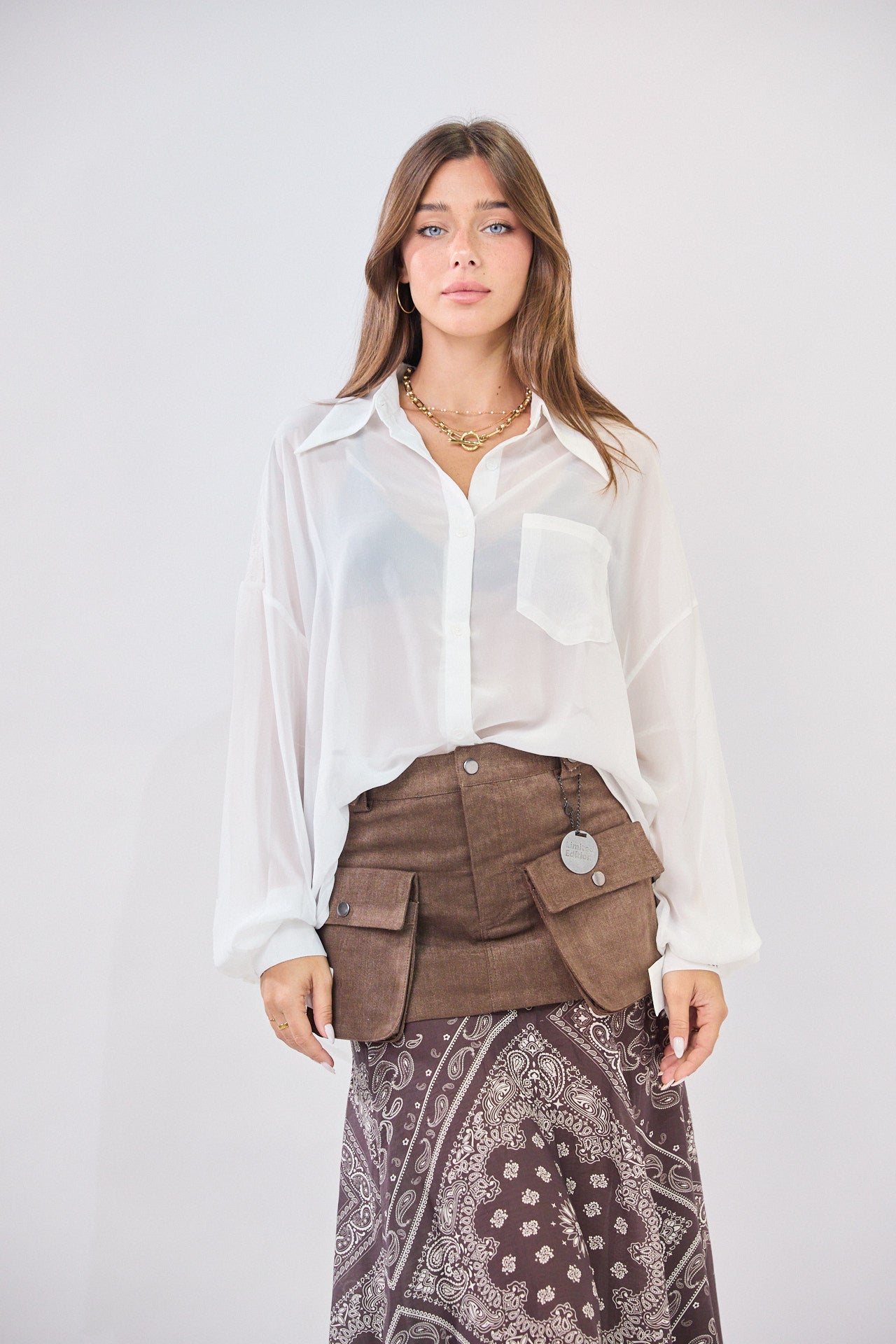 Chiffon button-down shirt with lace combination 770