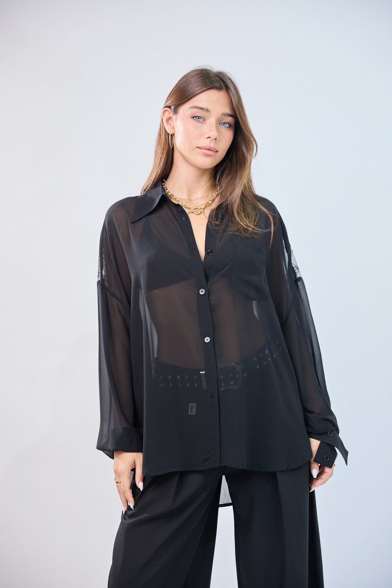 Chiffon button-down shirt with lace combination 770