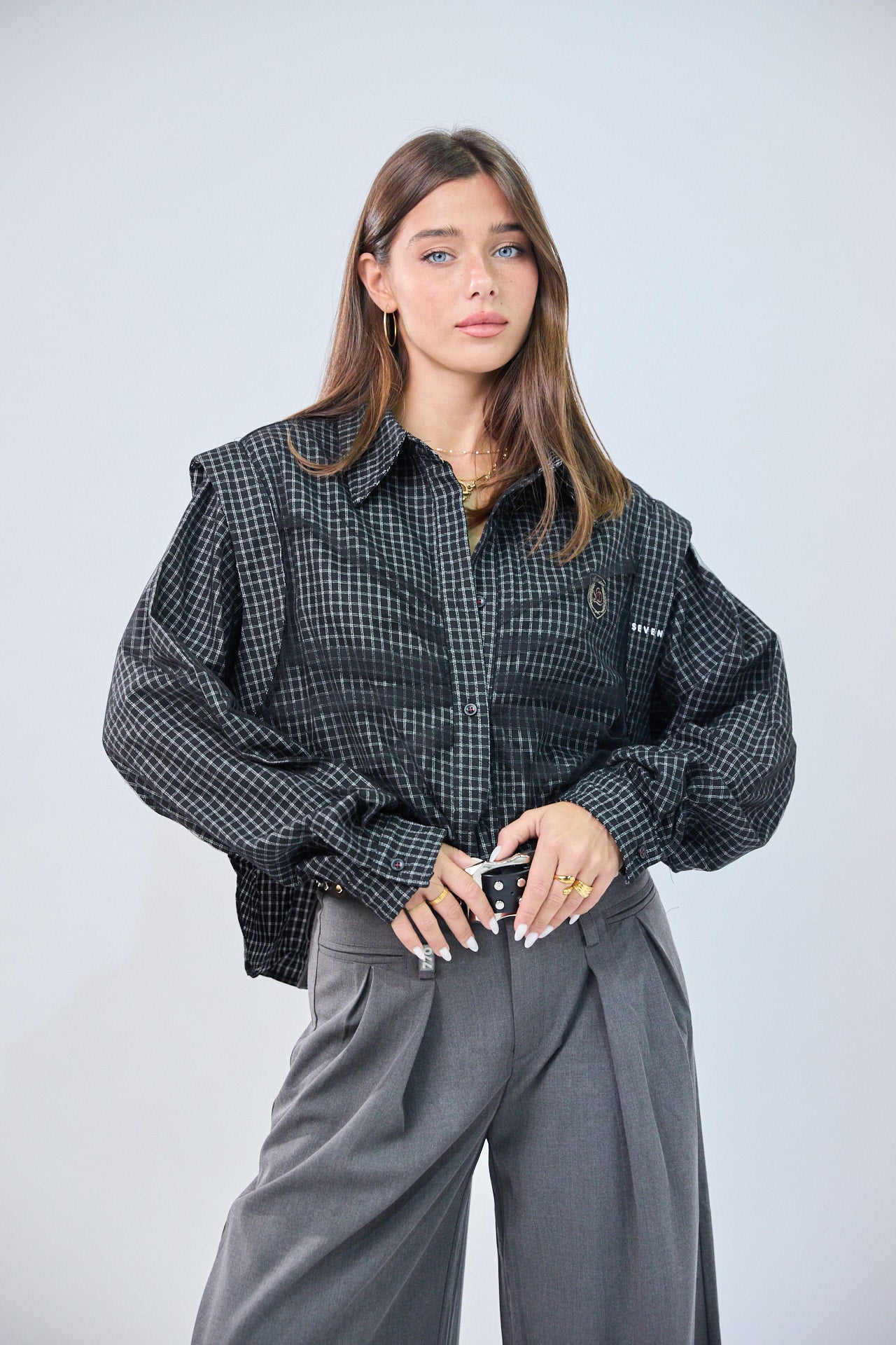 SEVEN tulle combination button-down shirt