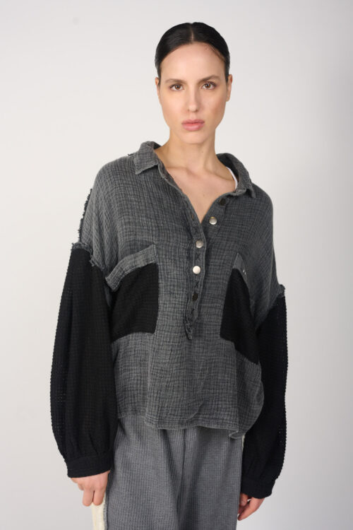 חולצת שילוב בד טטרה ופיקה BLACK