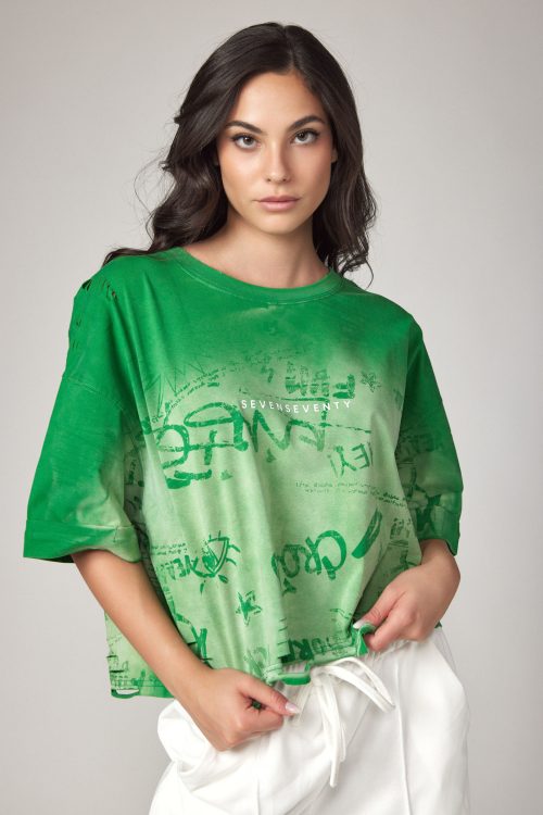 חולצת T רחבה קרופ קרעים GRAFFITI