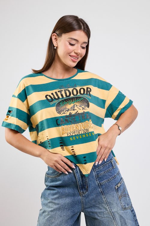 חולצת טי אסימטרית קרעים OUTDOOR